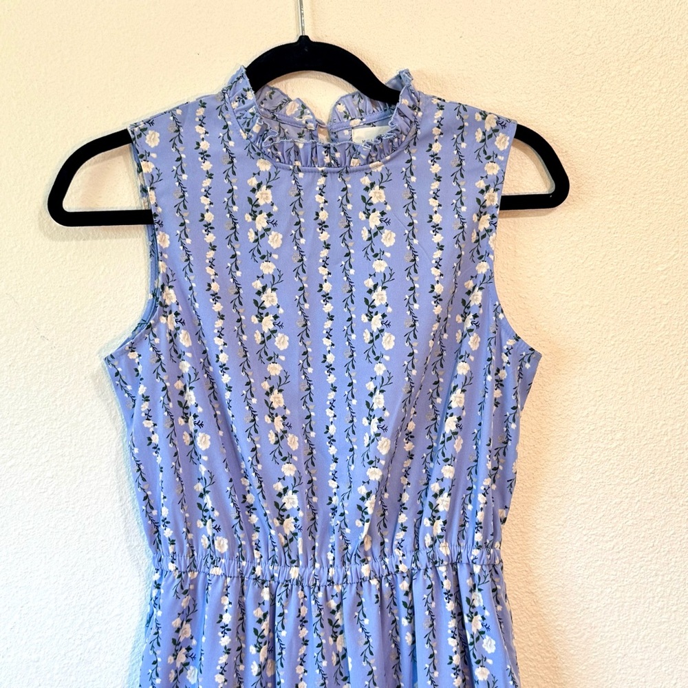Melloday Floral Tiered Midi Dress – Ruffle Neck, Size Small, Blue Sleeveless - Picture 3 of 8